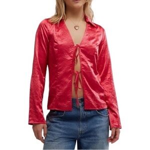 Free People Star Eyes Red Satin Front Tie Crinkle Top Blouse NWT XL